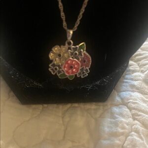 Charming Silver Tone Enamel Floral Rhinestone Cluster Necklace
